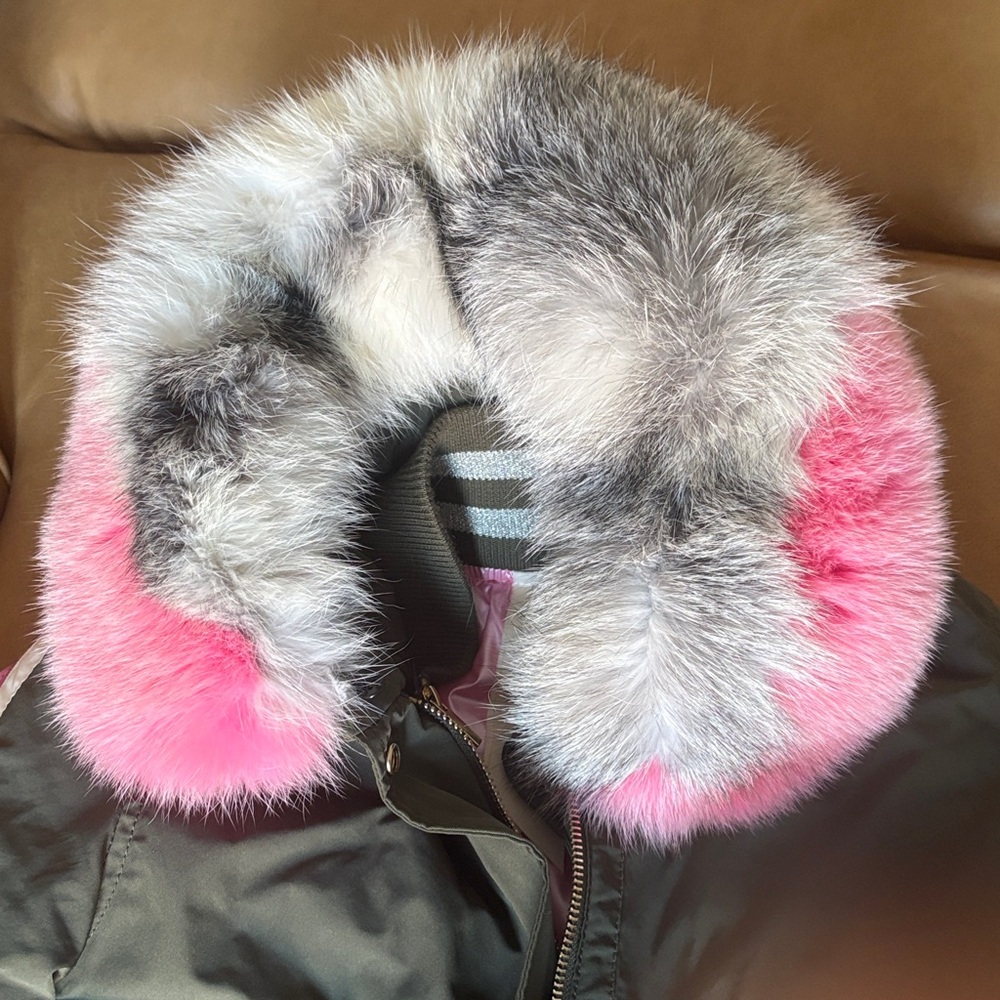 Women's Pink and Gray Fur Collar Puffer Jacket